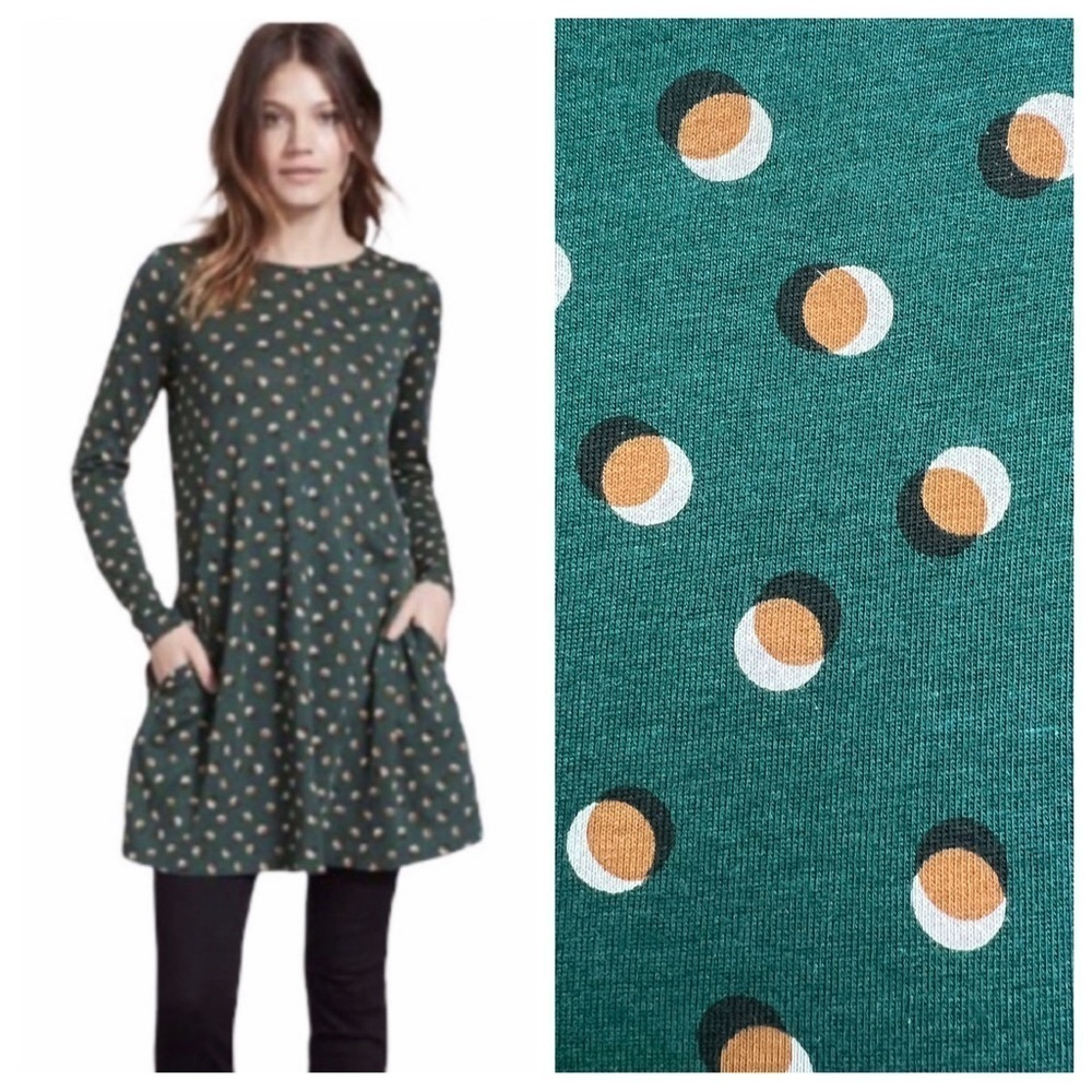 Boden Green Polka Dot Crescent Moon Long Sleeve Pocket Tunic Swing Dress